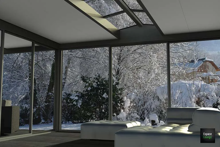 a room with snow covered trees